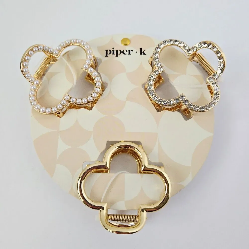 3 Pc Piper K Hair Clip Gold Tone Clover Shape Set Metal Jaw Clip Boho Elegant